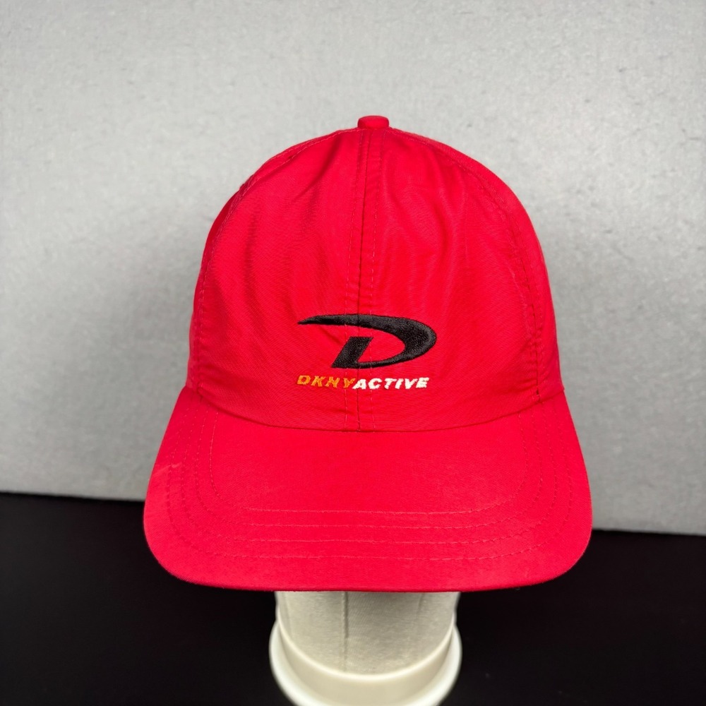 Vintage 90s DKNY Active Embroidered Logo Red Nylon Snapback Hat Made In USA Cap